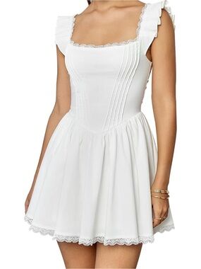 White Ruffled Strap Mini Dress with Lace Trim